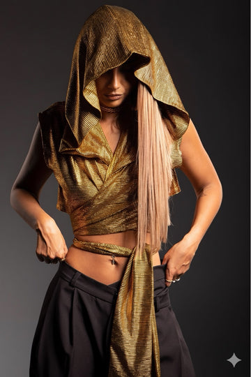 Metallic gold wrapped hooded top