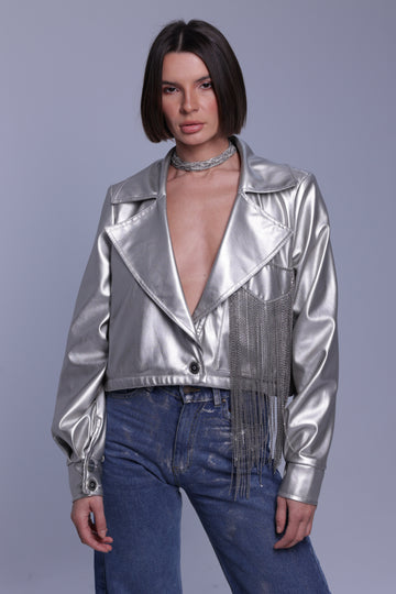 Silver Pocket Chains Leather Jacket.