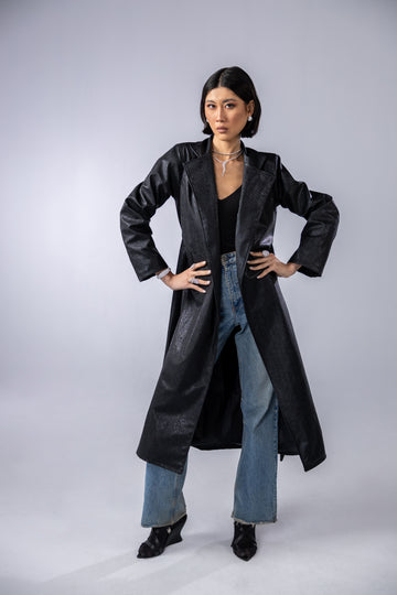 Snake black printed leather coat