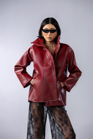 The burgundy power leather jacket