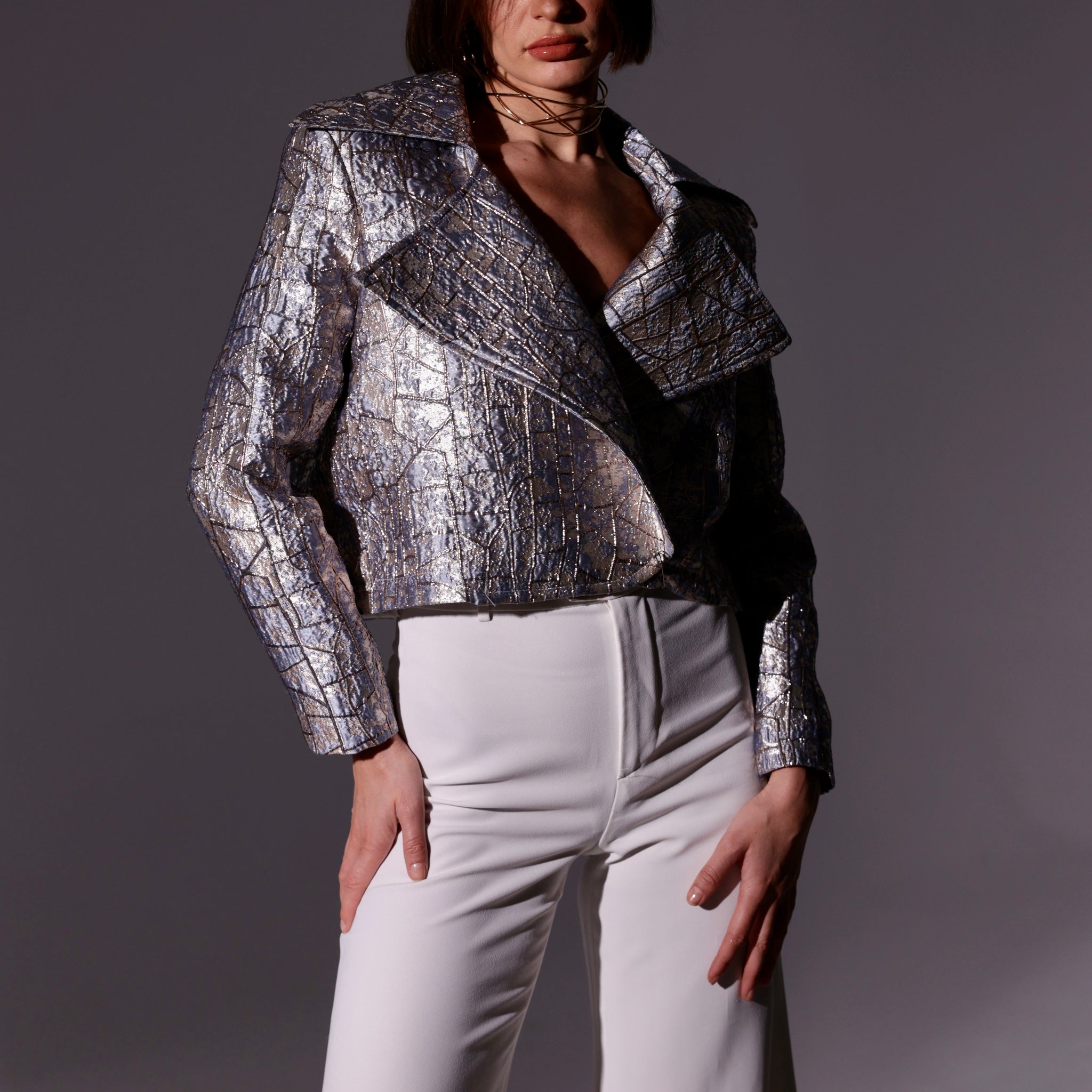 Silvery Golden Blue Brocade jacket.